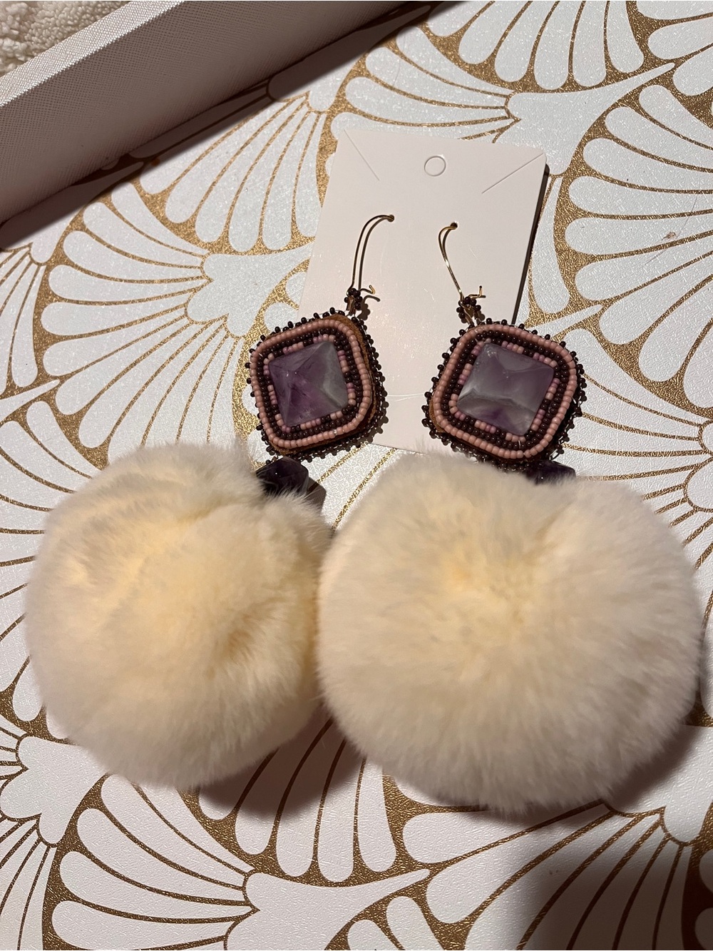 Hand Made Indigenous earrings - Amethyst with Poms